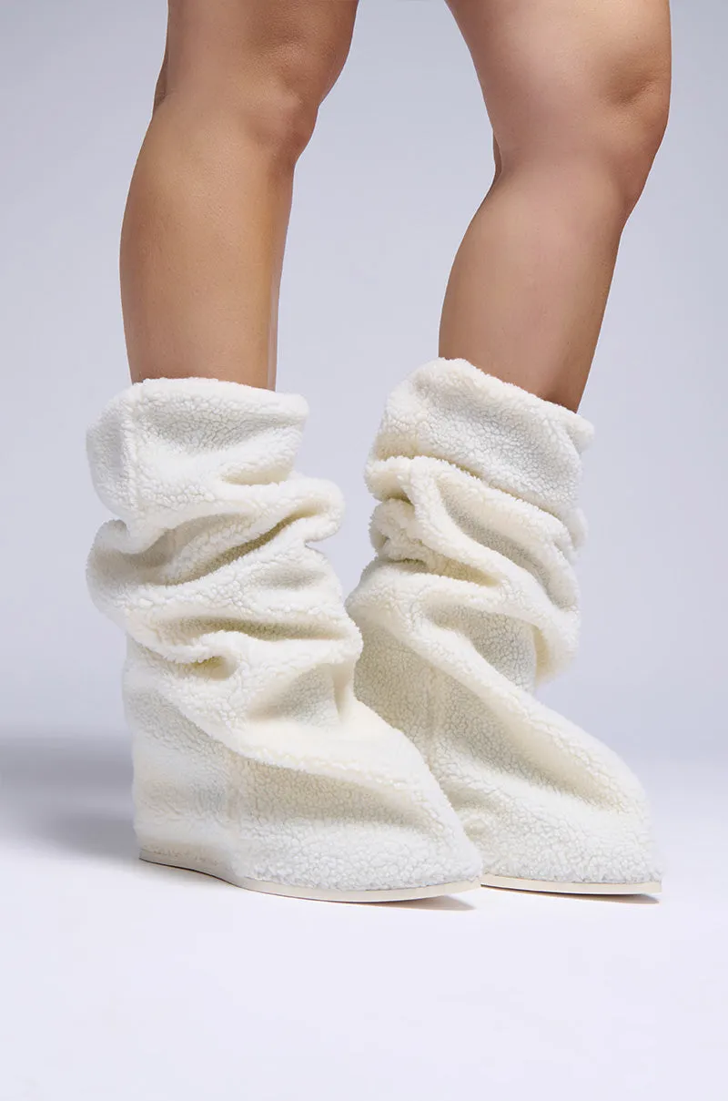 AZALEA WANG MARCELLE WHITE SHERPA WEDGE BOOT