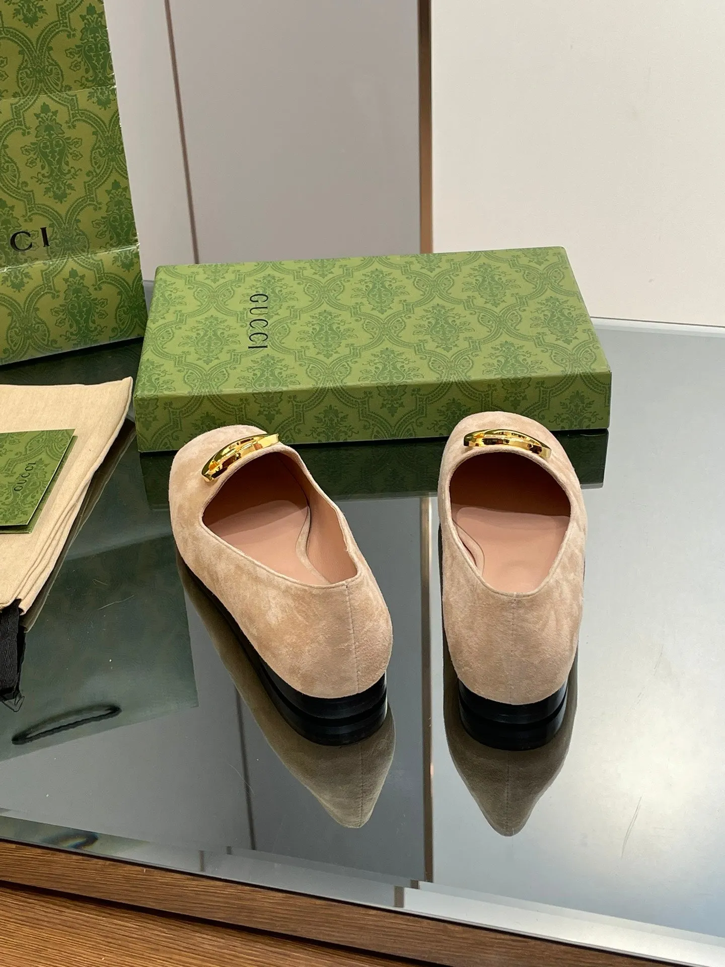 BLONDIE LOGO-PLAQUE LOAFERS IN ECRU BEIGE SUEDE WITH GOLD HARDWARE