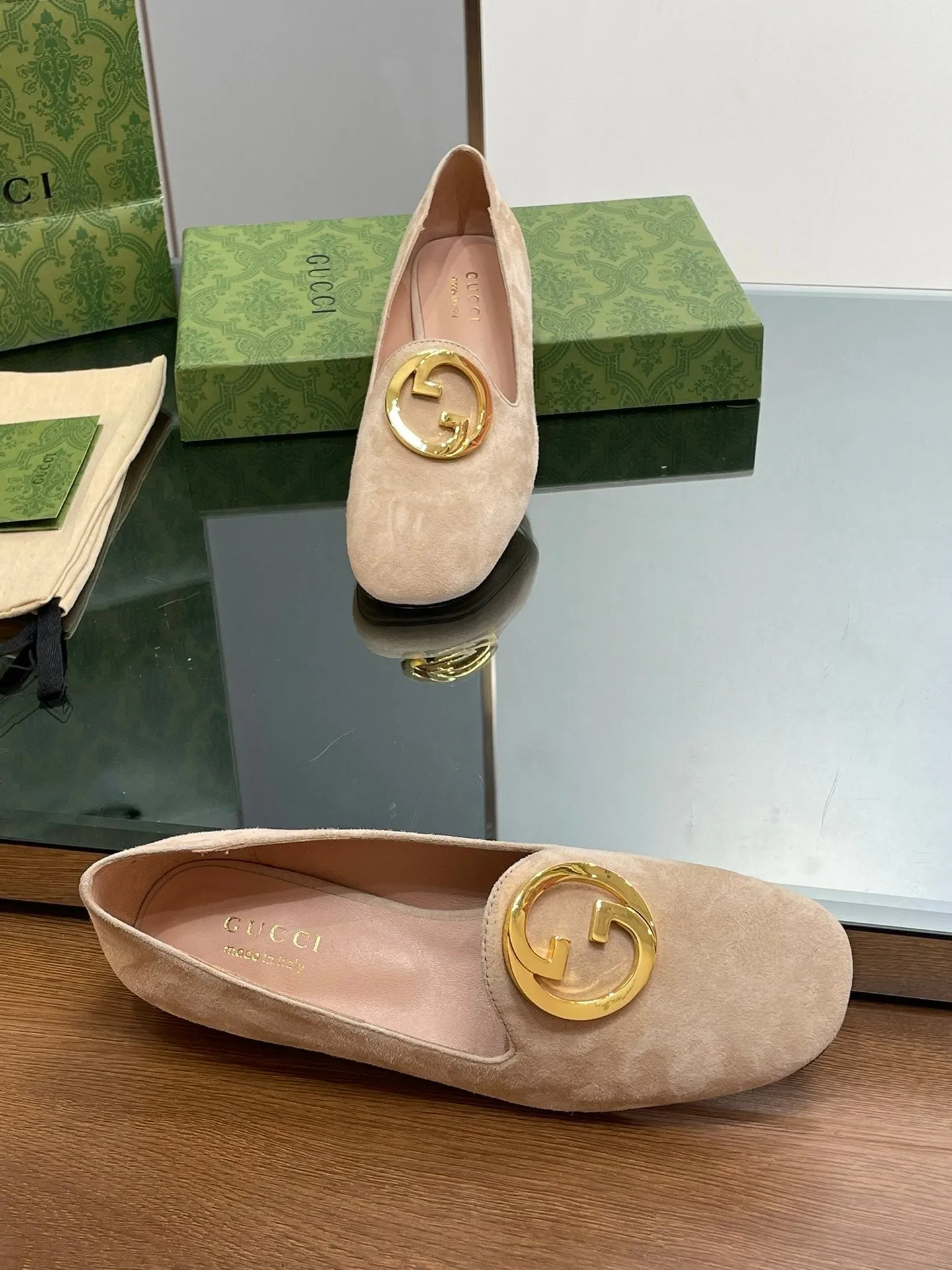 BLONDIE LOGO-PLAQUE LOAFERS IN ECRU BEIGE SUEDE WITH GOLD HARDWARE