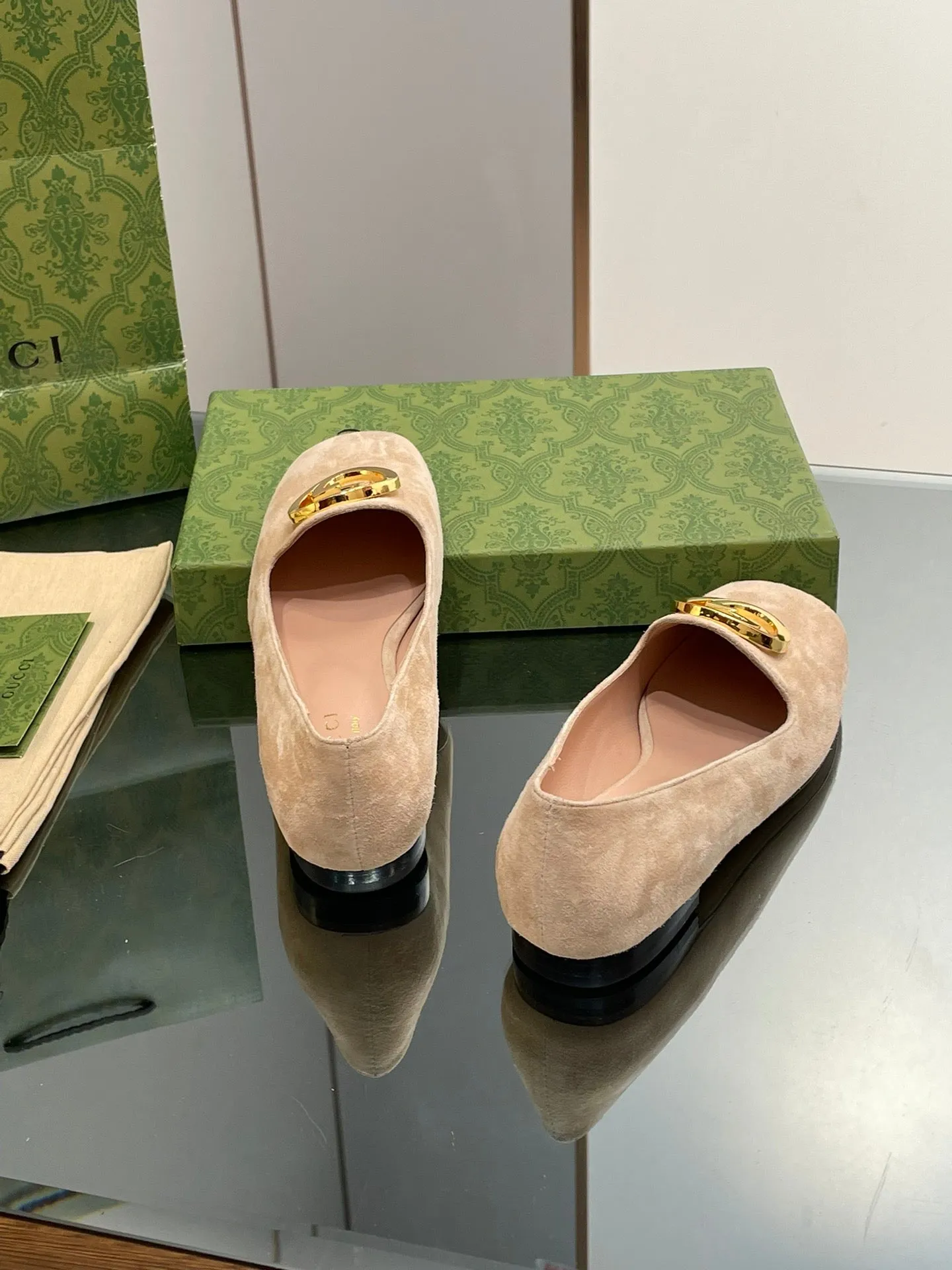 BLONDIE LOGO-PLAQUE LOAFERS IN ECRU BEIGE SUEDE WITH GOLD HARDWARE