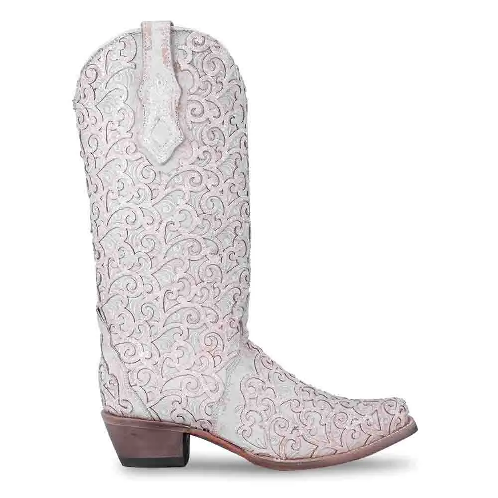 Corral Overlay Snip Toe Western White Glitter Boots