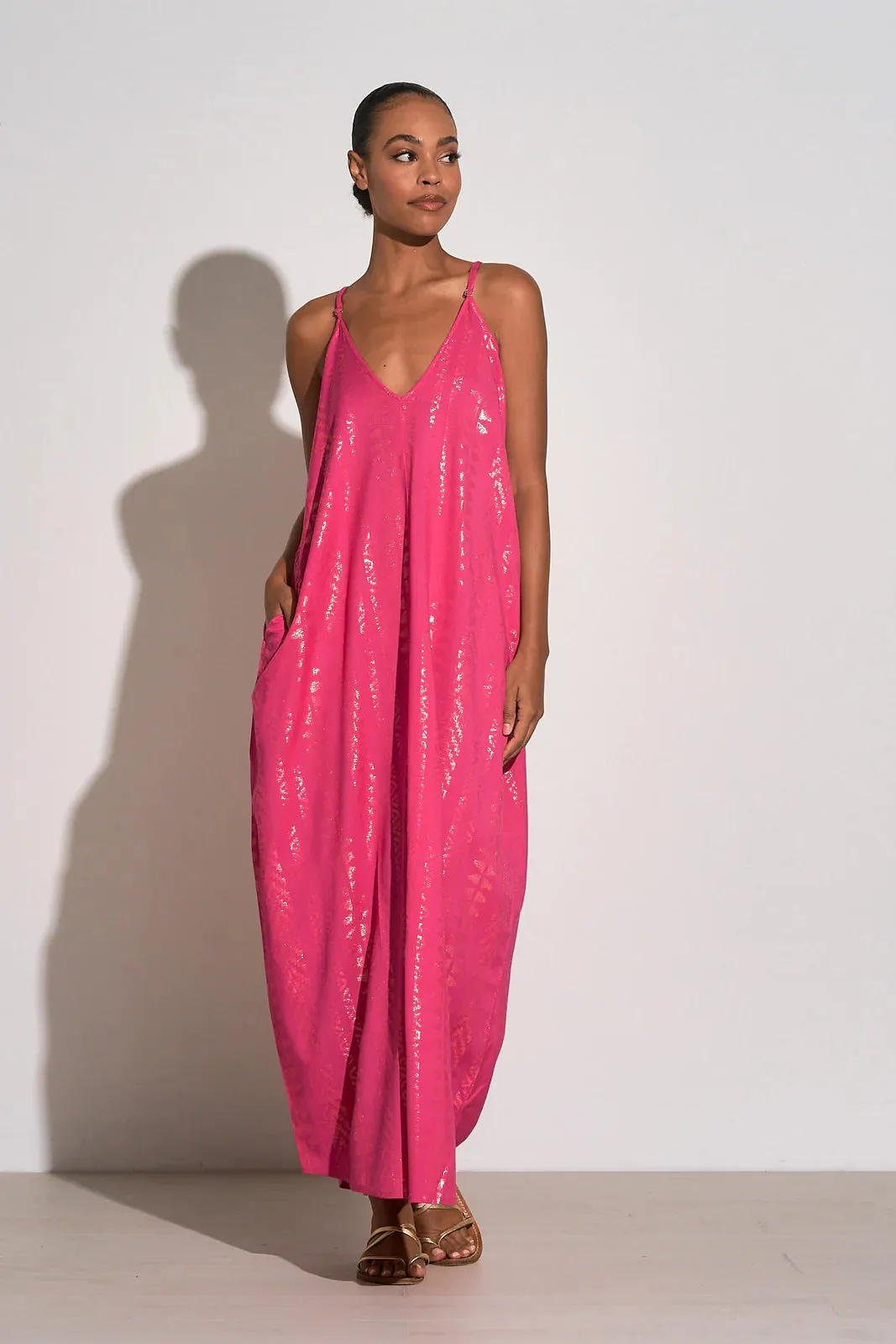 Elan Cleo  Fuchsia Pink Gold Arrow Print Maxi Dress