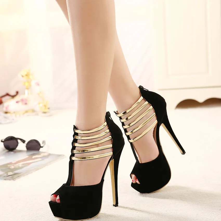 Exquisite metal leaves Decorate Peep-Toe Chic Black Sandals