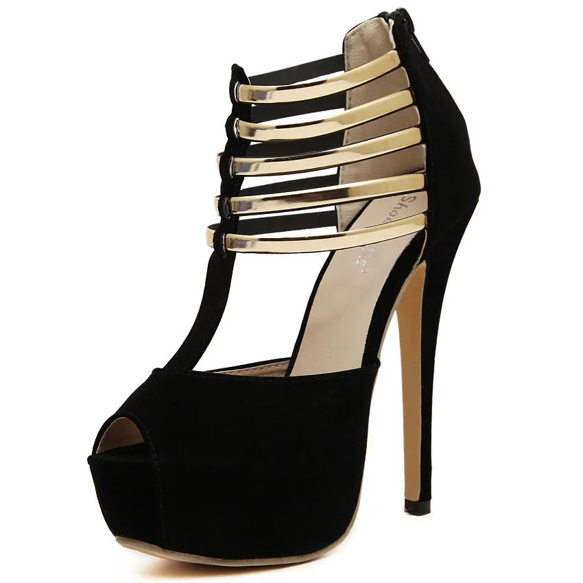 Exquisite metal leaves Decorate Peep-Toe Chic Black Sandals