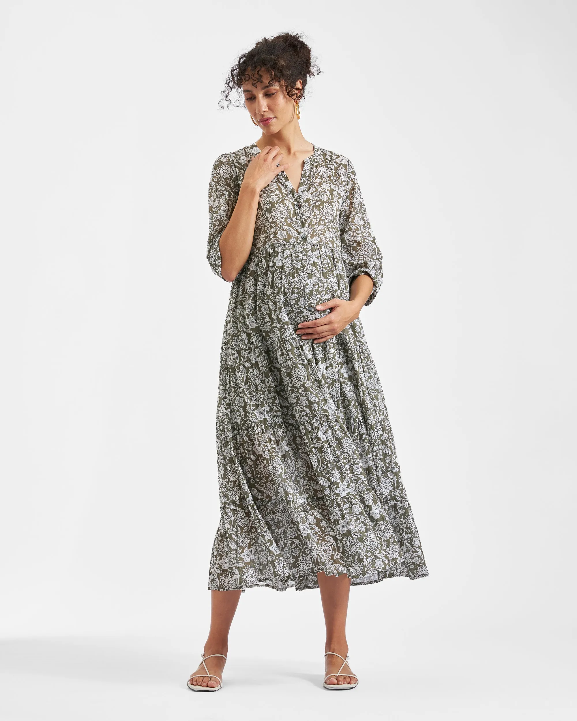 Ezra Tiered Dress Olive / White
