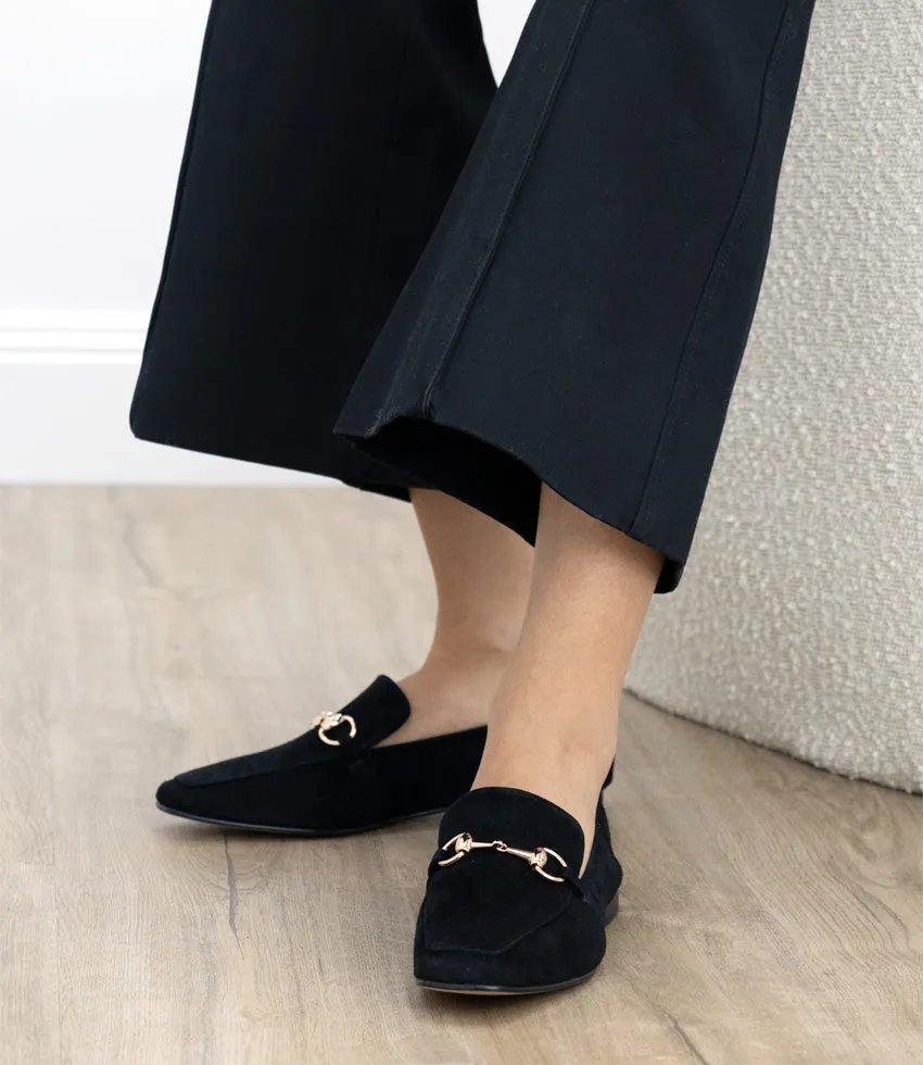 FINER Elastic Back Slipper With Hardware in Black Suede