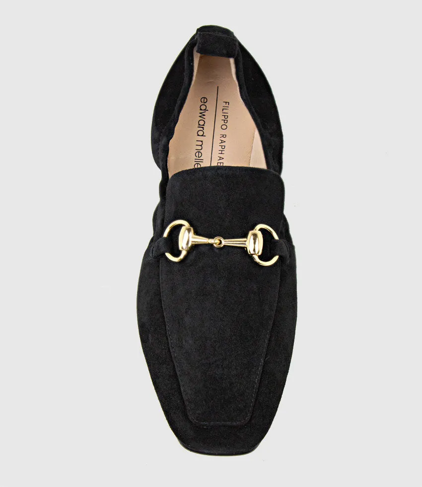 FINER Elastic Back Slipper With Hardware in Black Suede