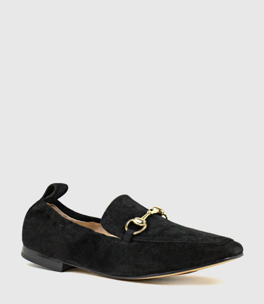 FINER Elastic Back Slipper With Hardware in Black Suede