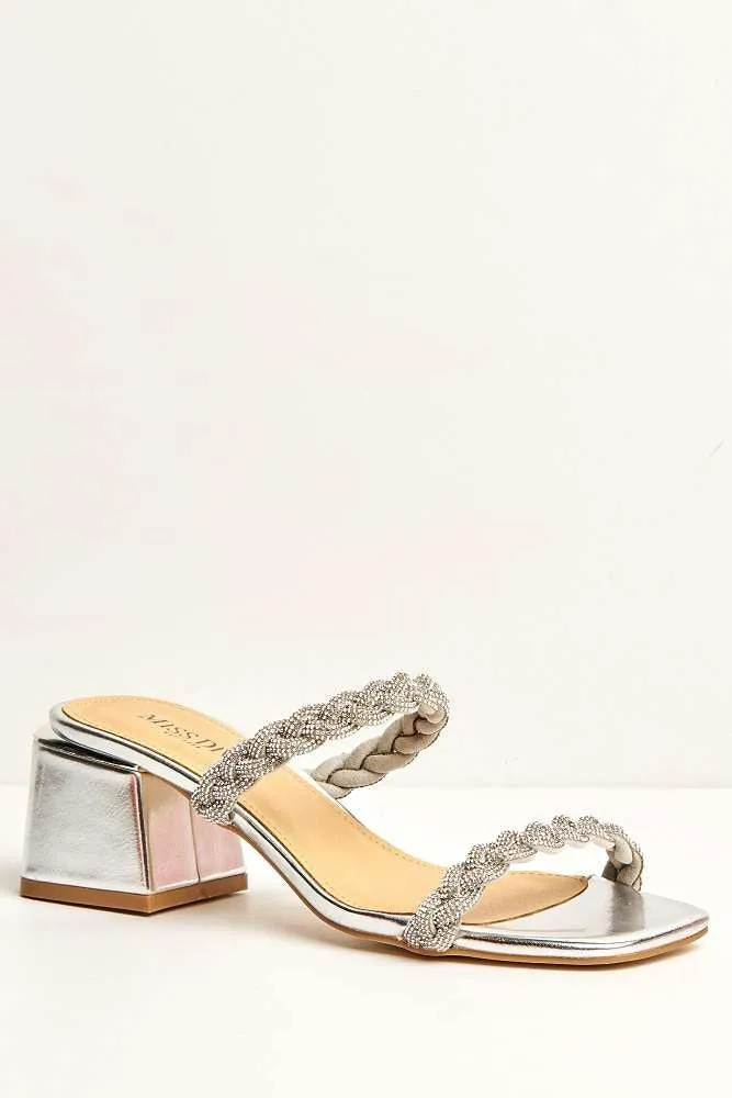 Lavinia 2 Strap Plaited Diamante Embellished Block Heels in Silver