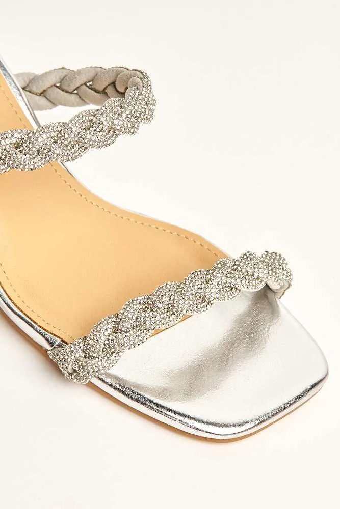 Lavinia 2 Strap Plaited Diamante Embellished Block Heels in Silver