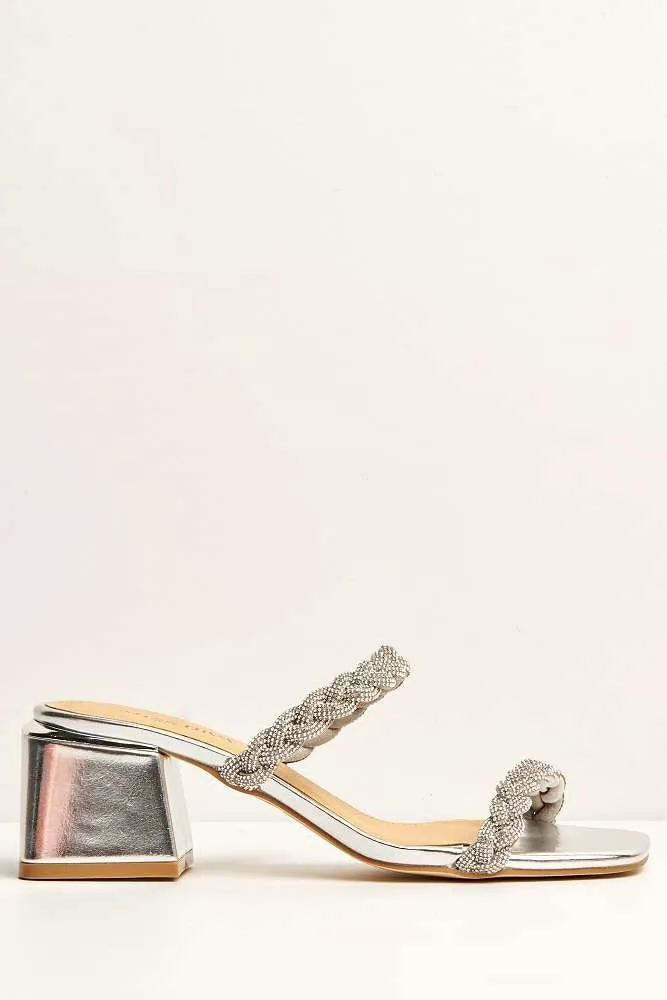 Lavinia 2 Strap Plaited Diamante Embellished Block Heels in Silver