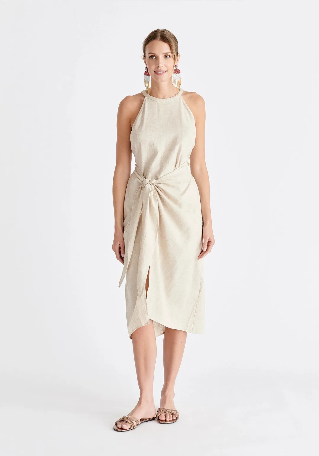 Linen Blend Waist Tie Dress - Oat