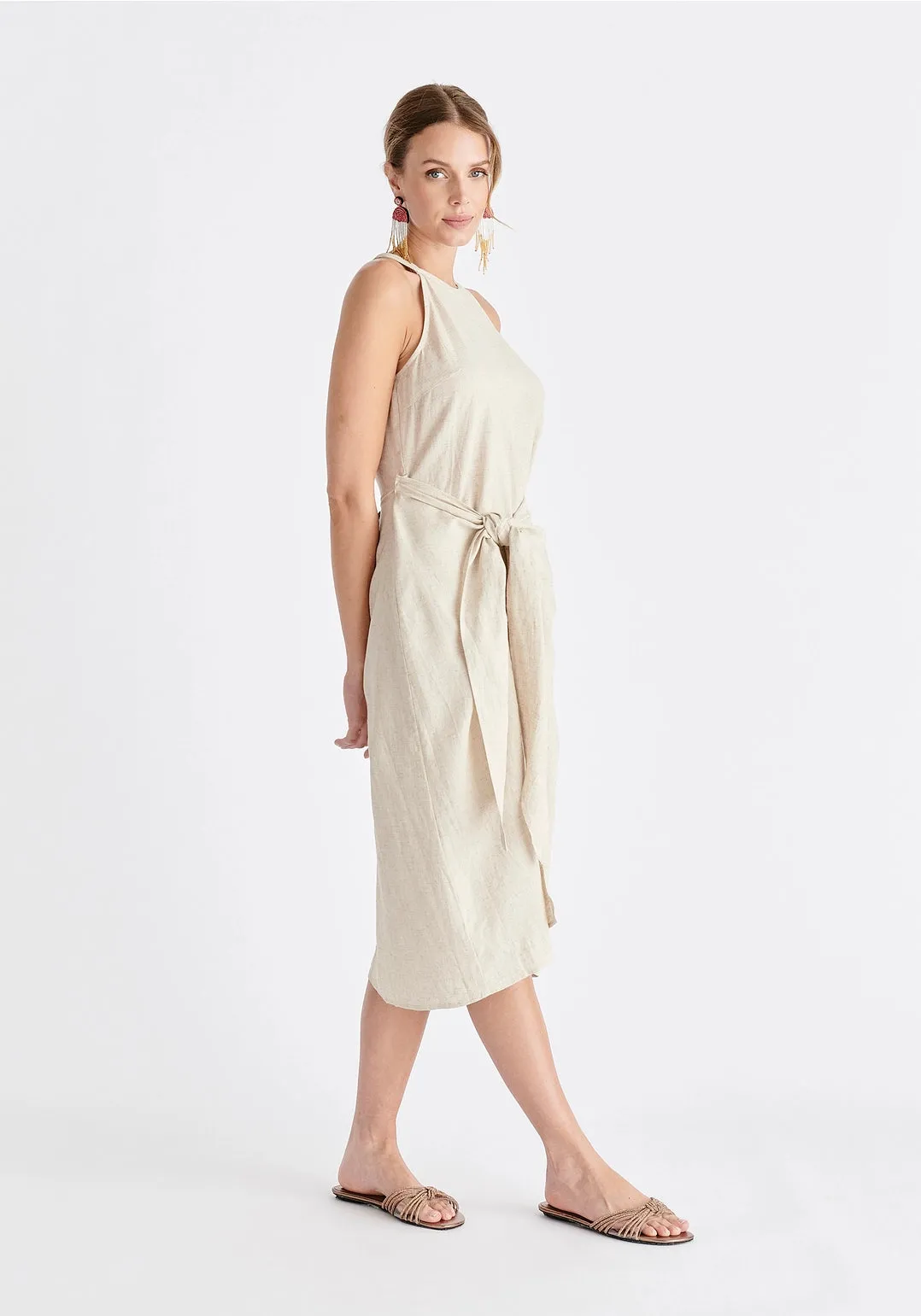 Linen Blend Waist Tie Dress - Oat