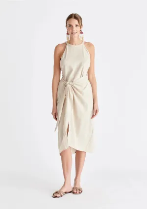 Linen Blend Waist Tie Dress - Oat
