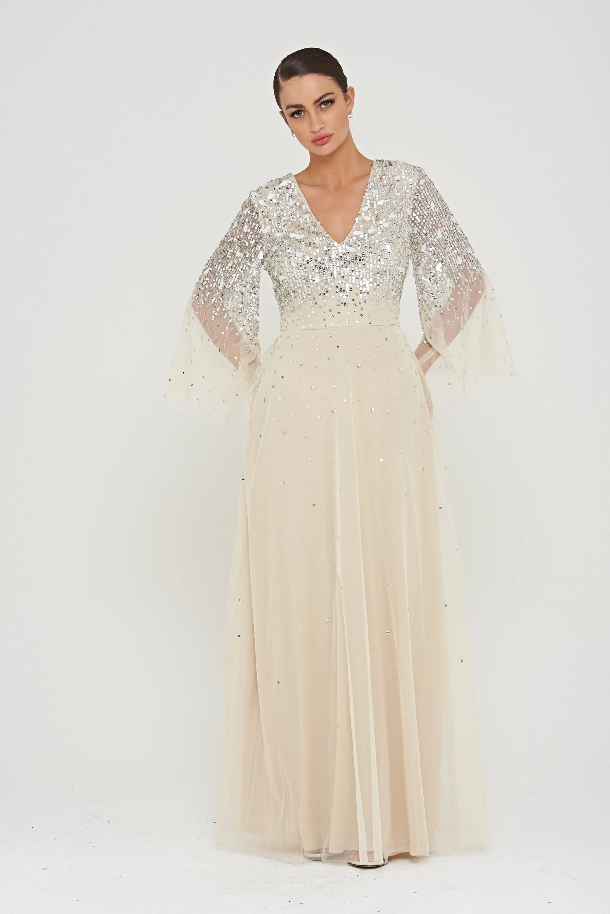 Pearl Embellished Maxi Dress with Flare Sleeves