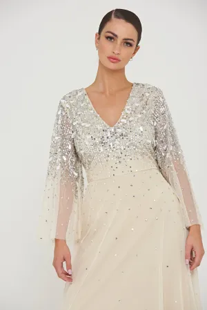 Pearl Embellished Maxi Dress with Flare Sleeves