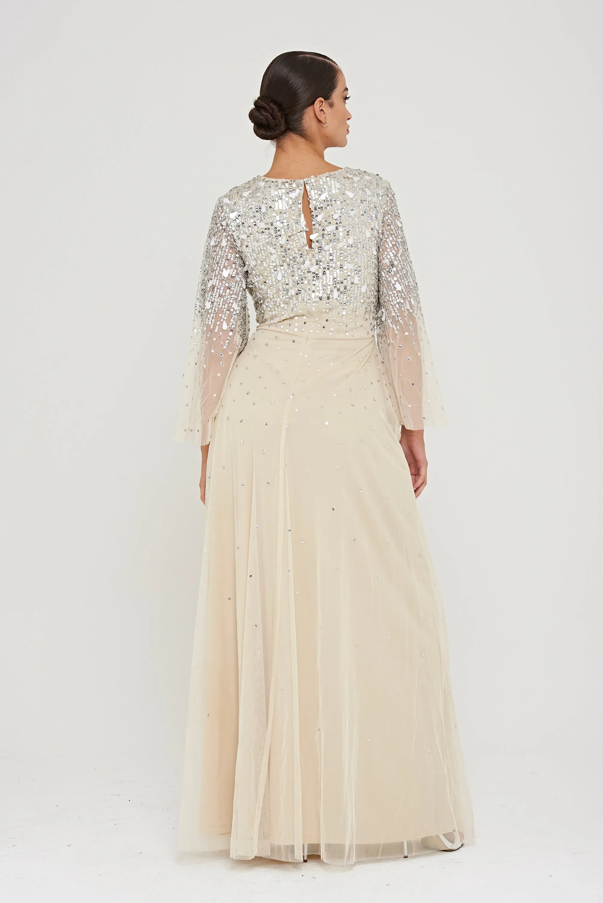 Pearl Embellished Maxi Dress with Flare Sleeves
