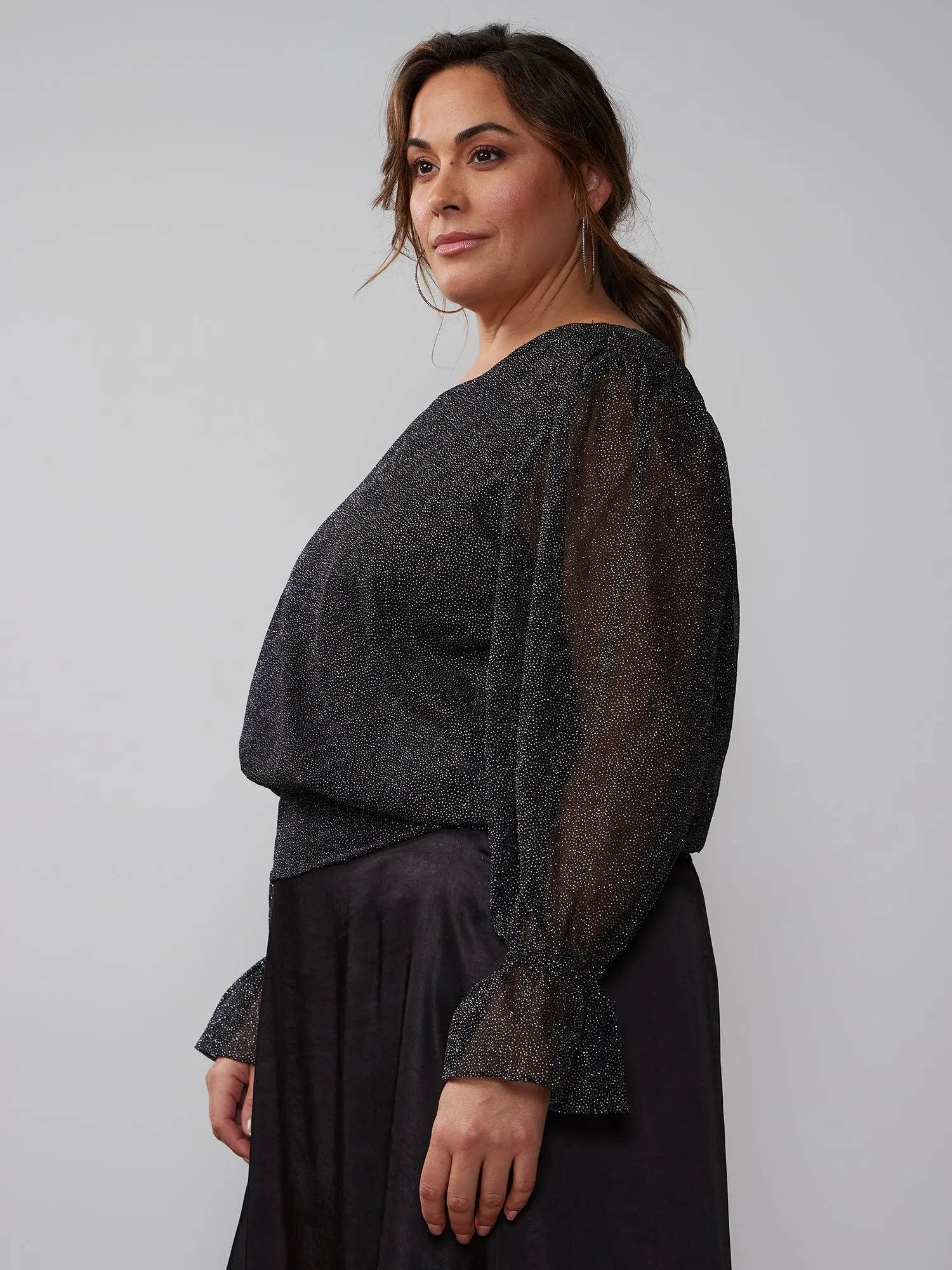 Plus Glitter One Shoulder Bell Sleeve Top