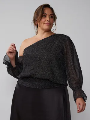 Plus Glitter One Shoulder Bell Sleeve Top