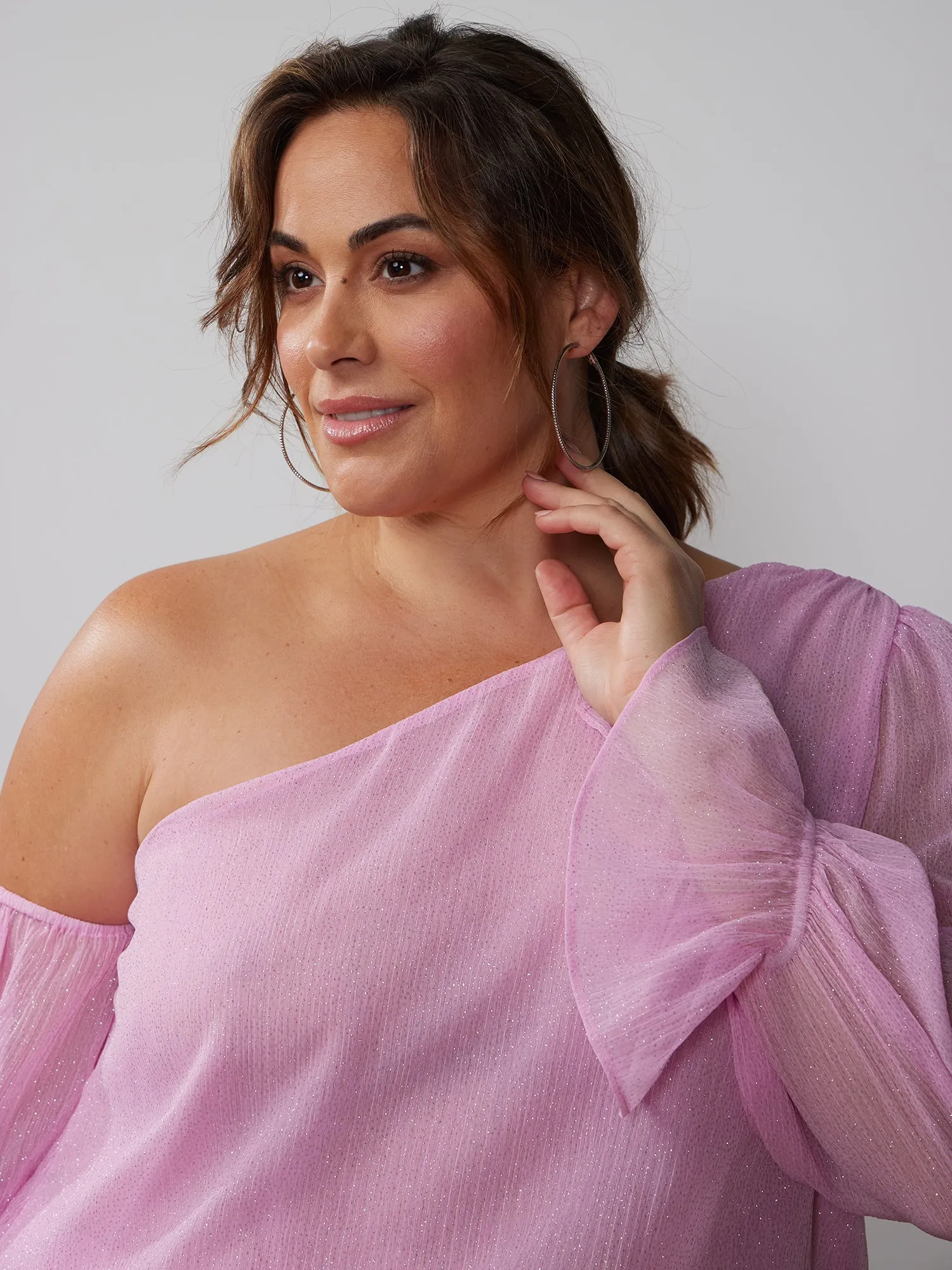 Plus Glitter One Shoulder Bell Sleeve Top