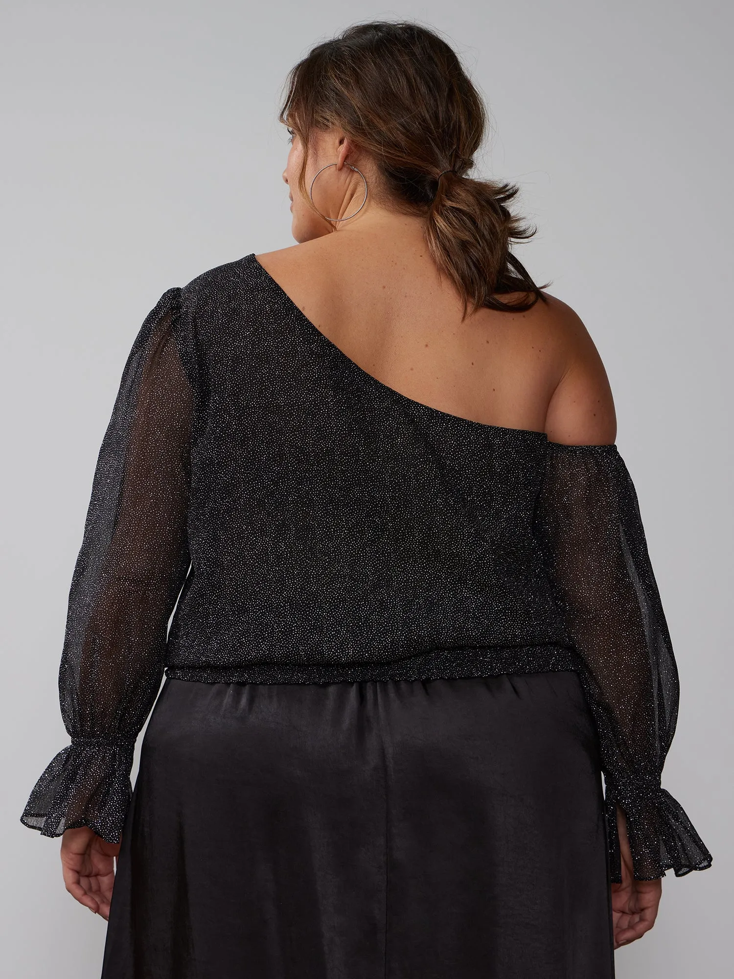 Plus Glitter One Shoulder Bell Sleeve Top