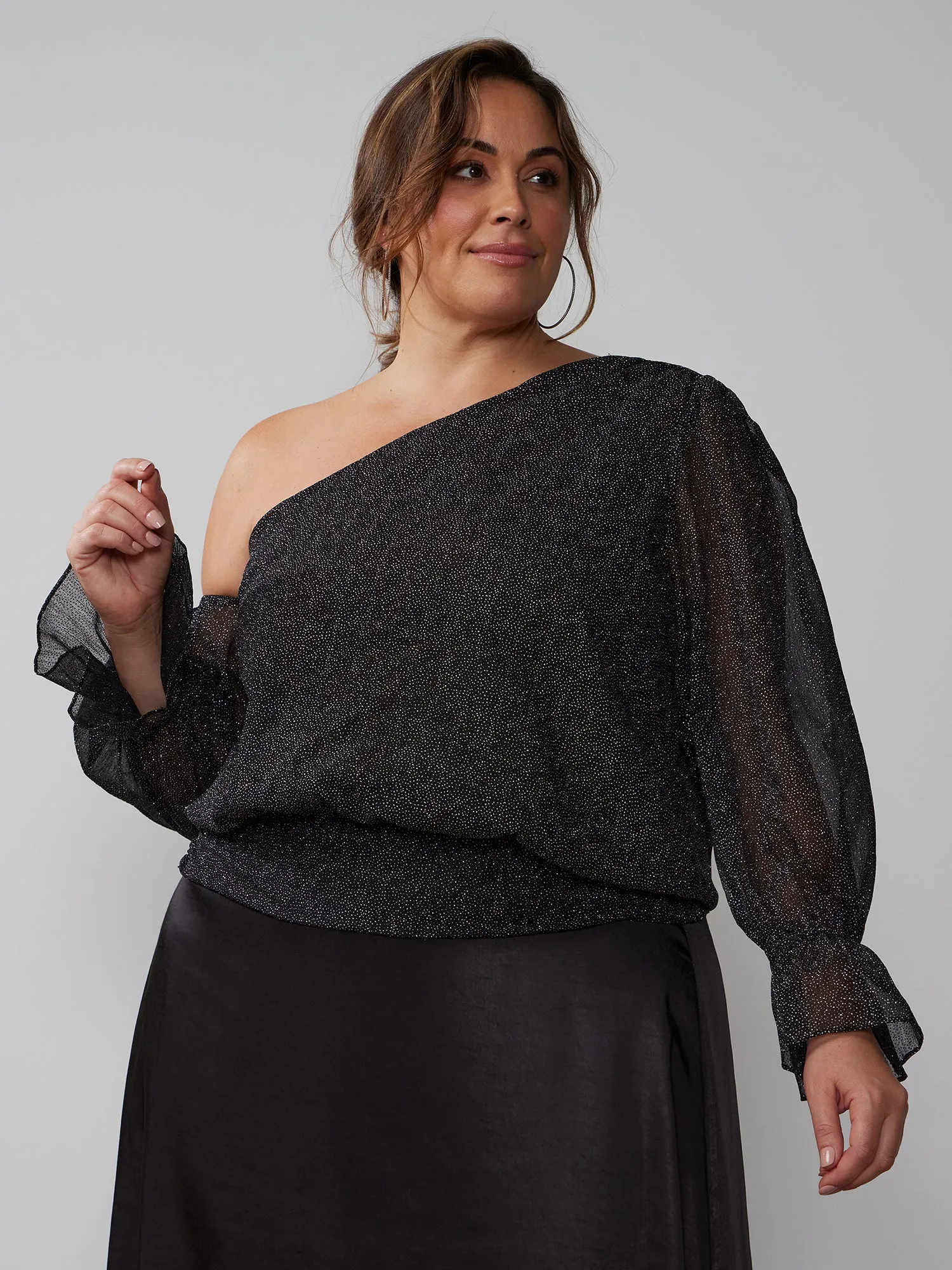 Plus Glitter One Shoulder Bell Sleeve Top