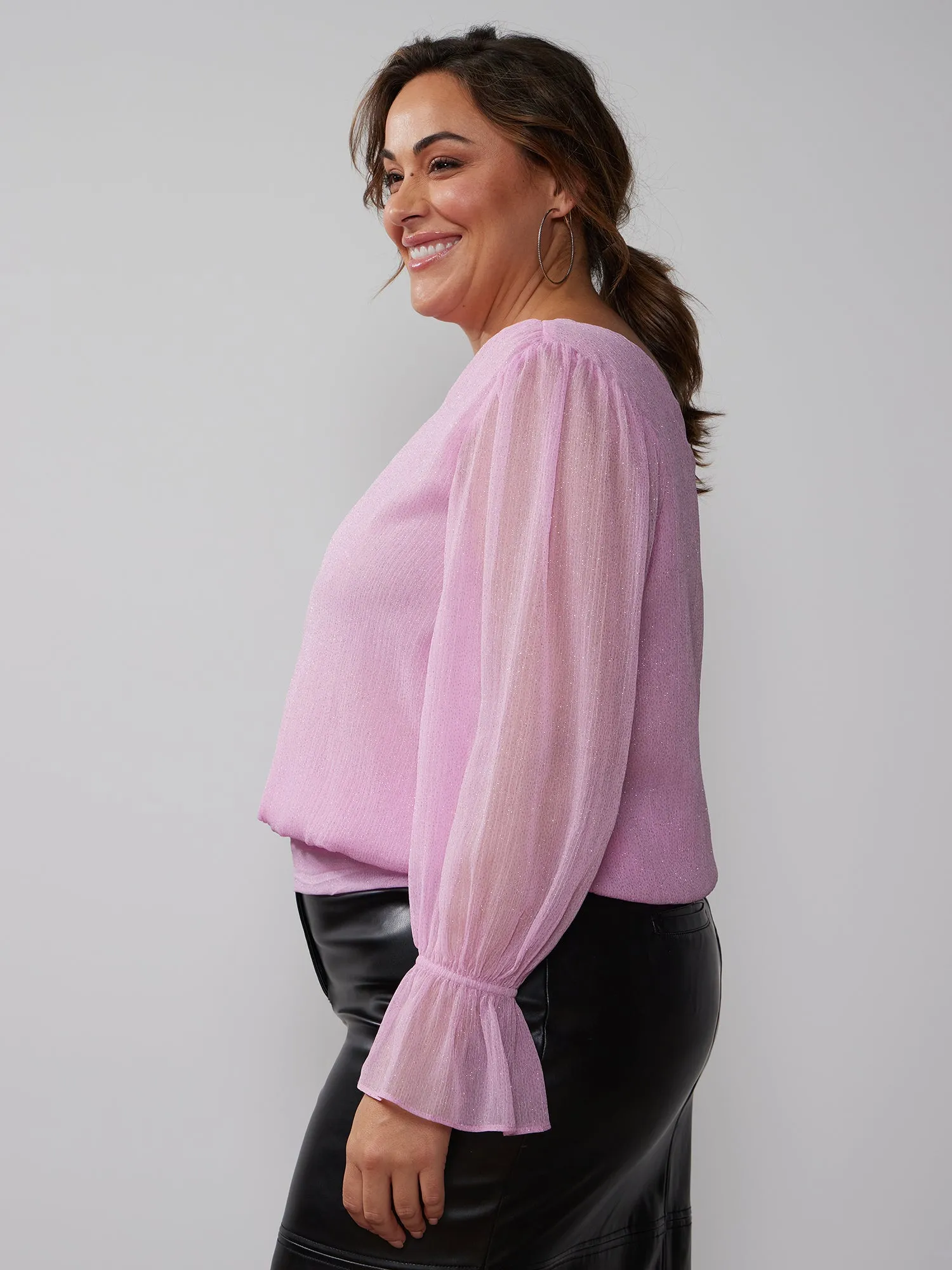 Plus Glitter One Shoulder Bell Sleeve Top