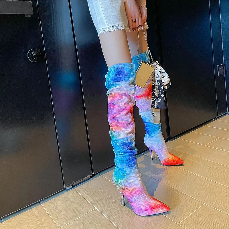 Pointed Toe Stiletto Rhinestone Embellishments Over-the-Knee Boots
