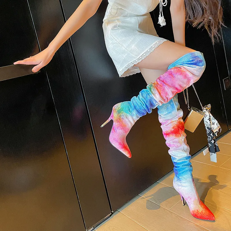 Pointed Toe Stiletto Rhinestone Embellishments Over-the-Knee Boots