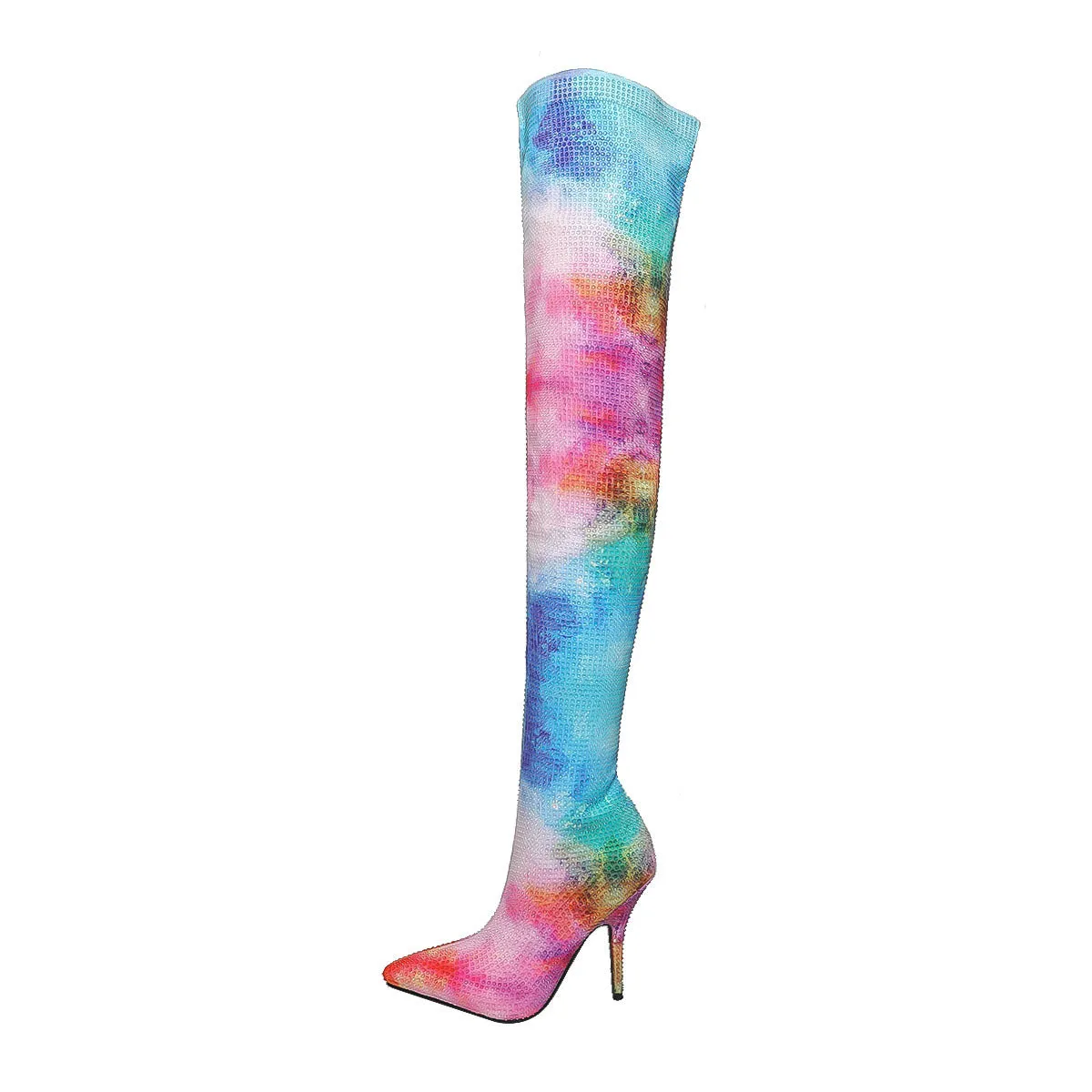 Pointed Toe Stiletto Rhinestone Embellishments Over-the-Knee Boots