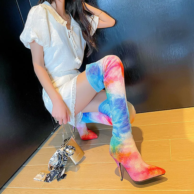 Pointed Toe Stiletto Rhinestone Embellishments Over-the-Knee Boots