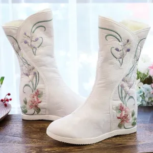 Retro flower embroidery plush lined mid calf boots | Inner wedge snow boots