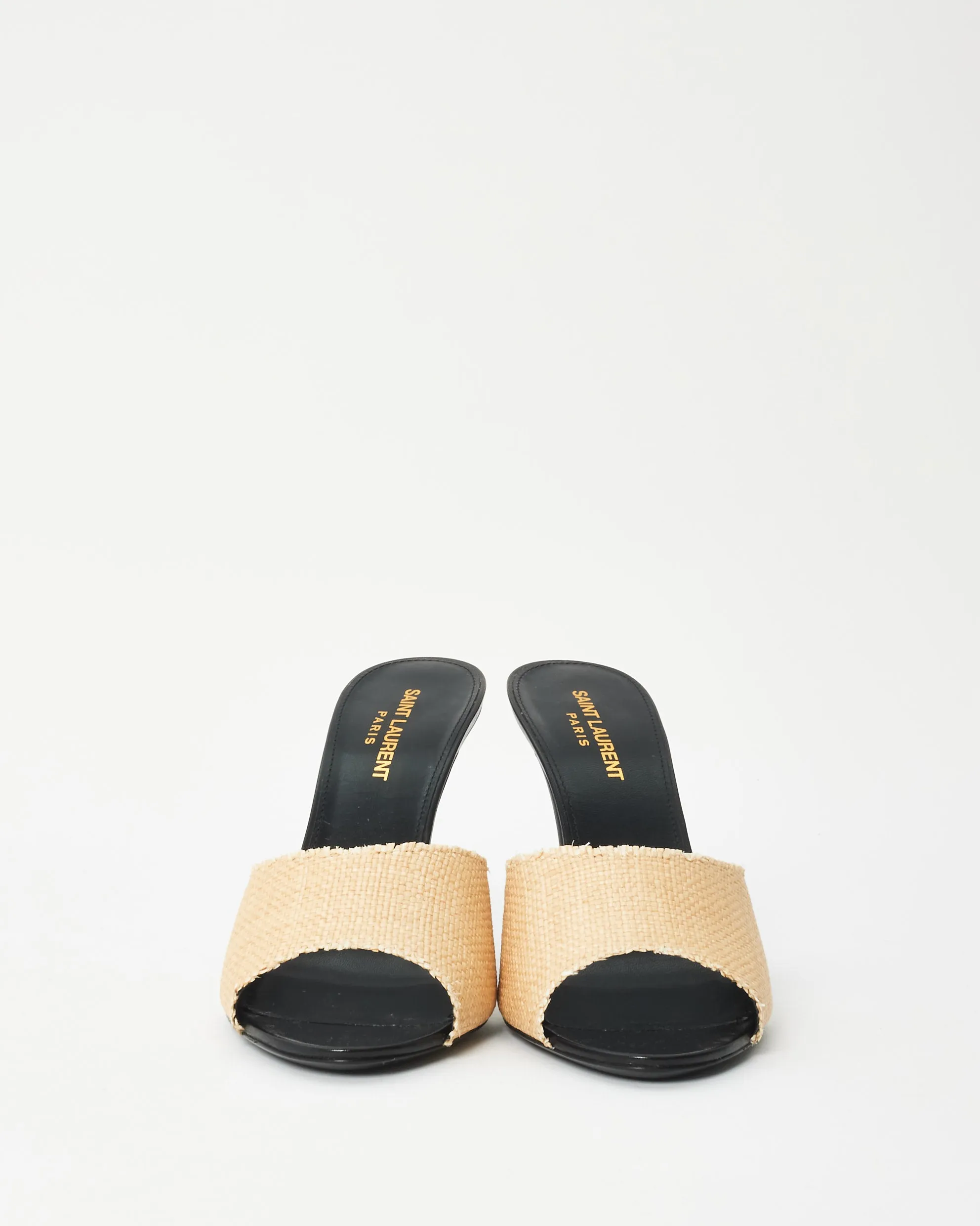 Saint Laurent Black Leather & Beige Raffia LA Mule Heels - 38.5