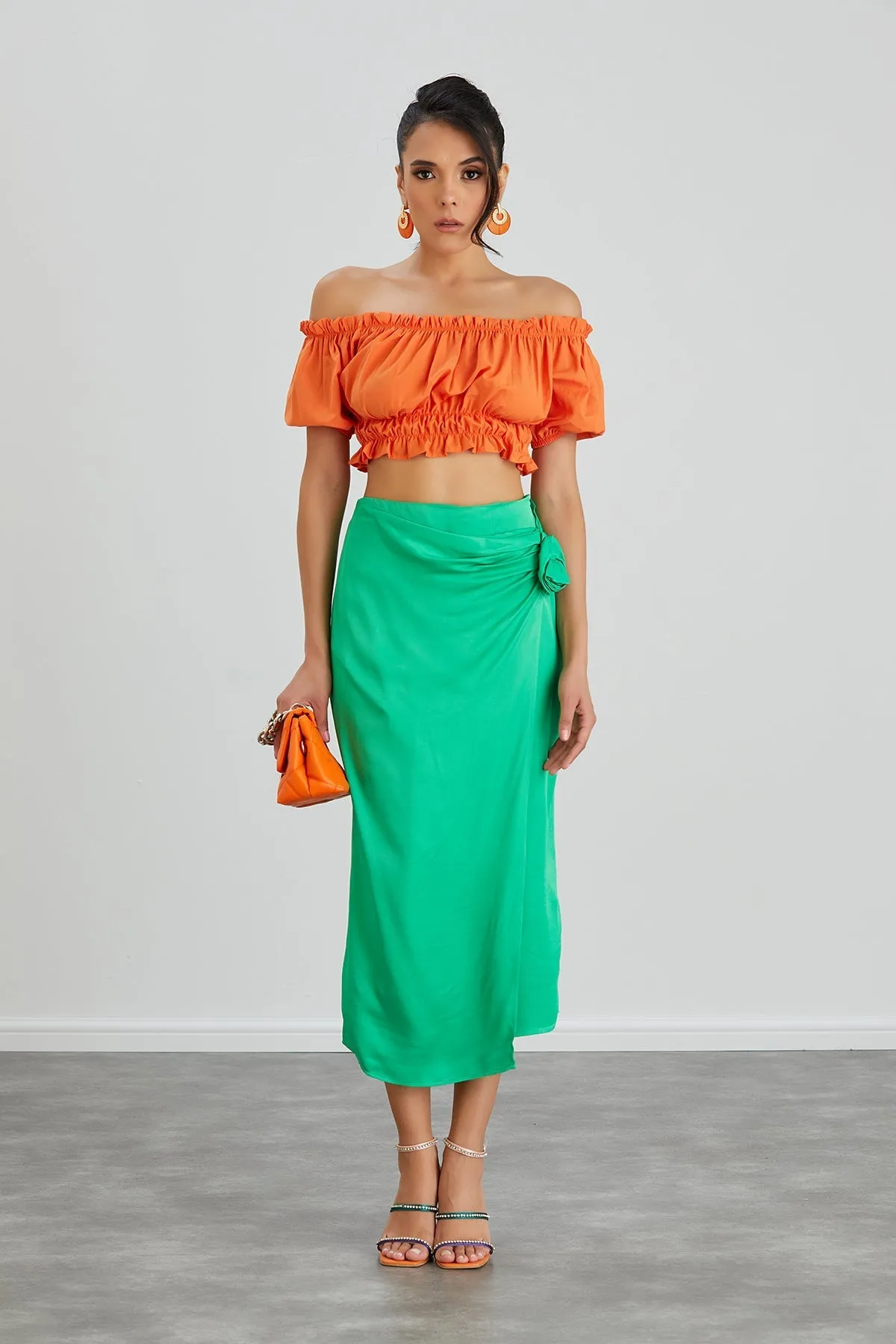 Satin Midi Skirt with Exquisite Rose Embellishment