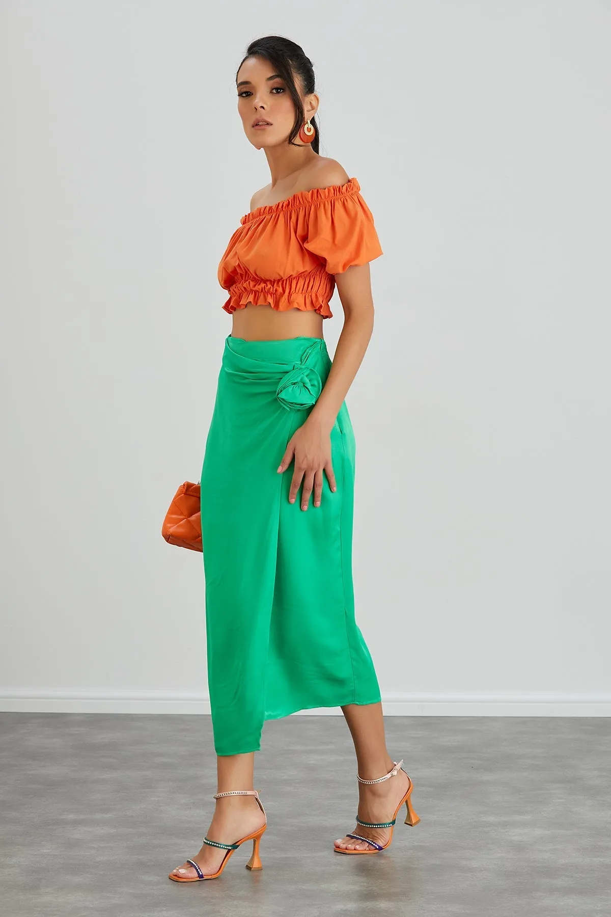 Satin Midi Skirt with Exquisite Rose Embellishment