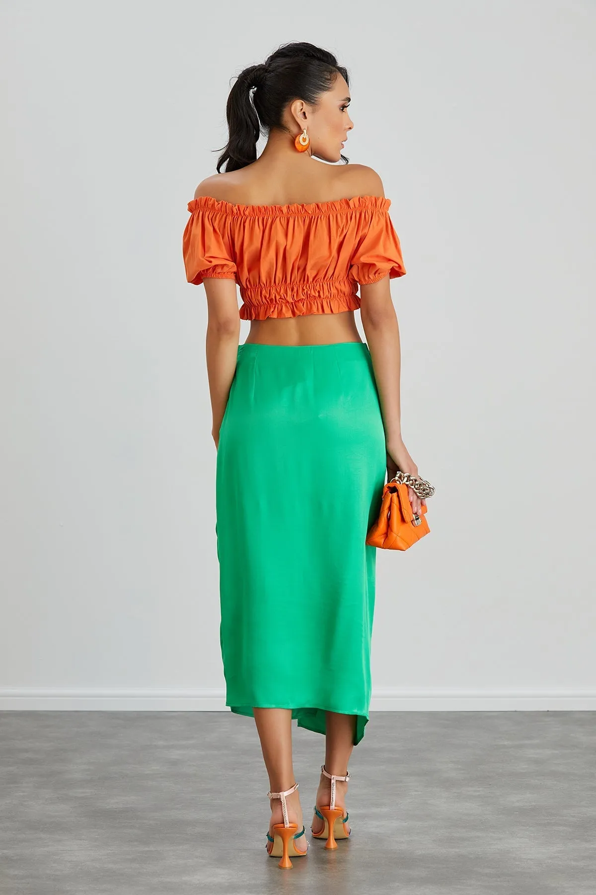 Satin Midi Skirt with Exquisite Rose Embellishment