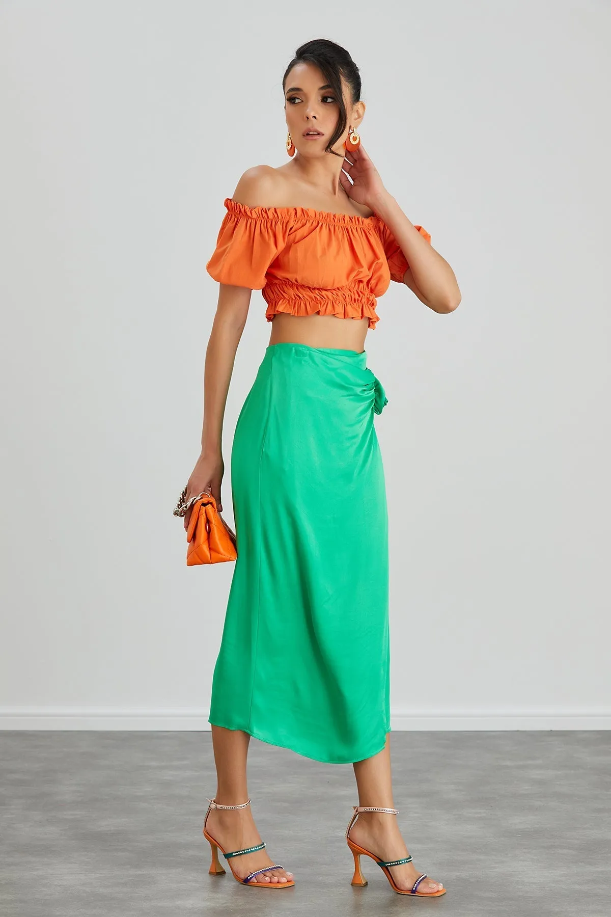Satin Midi Skirt with Exquisite Rose Embellishment
