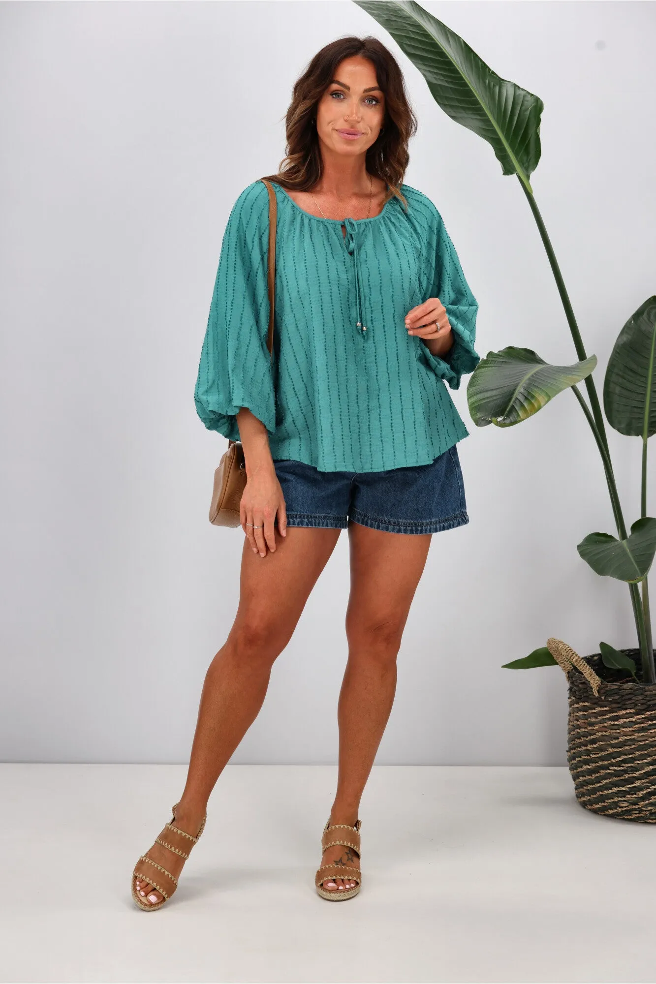 Shine On Label Penelope Puff Sleeve Blouse Teal