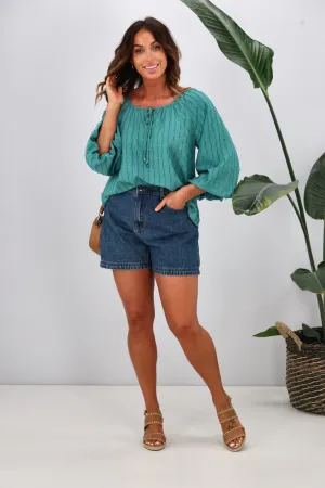 Shine On Label Penelope Puff Sleeve Blouse Teal