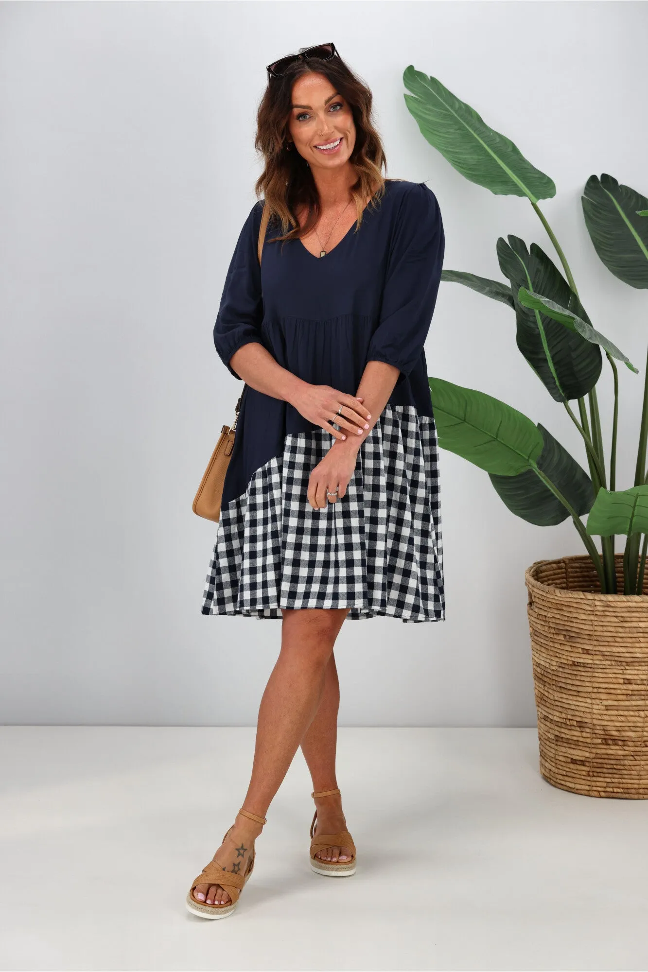 Silver Wishes Gingham Contrast Angle Tiered Dress  Navy