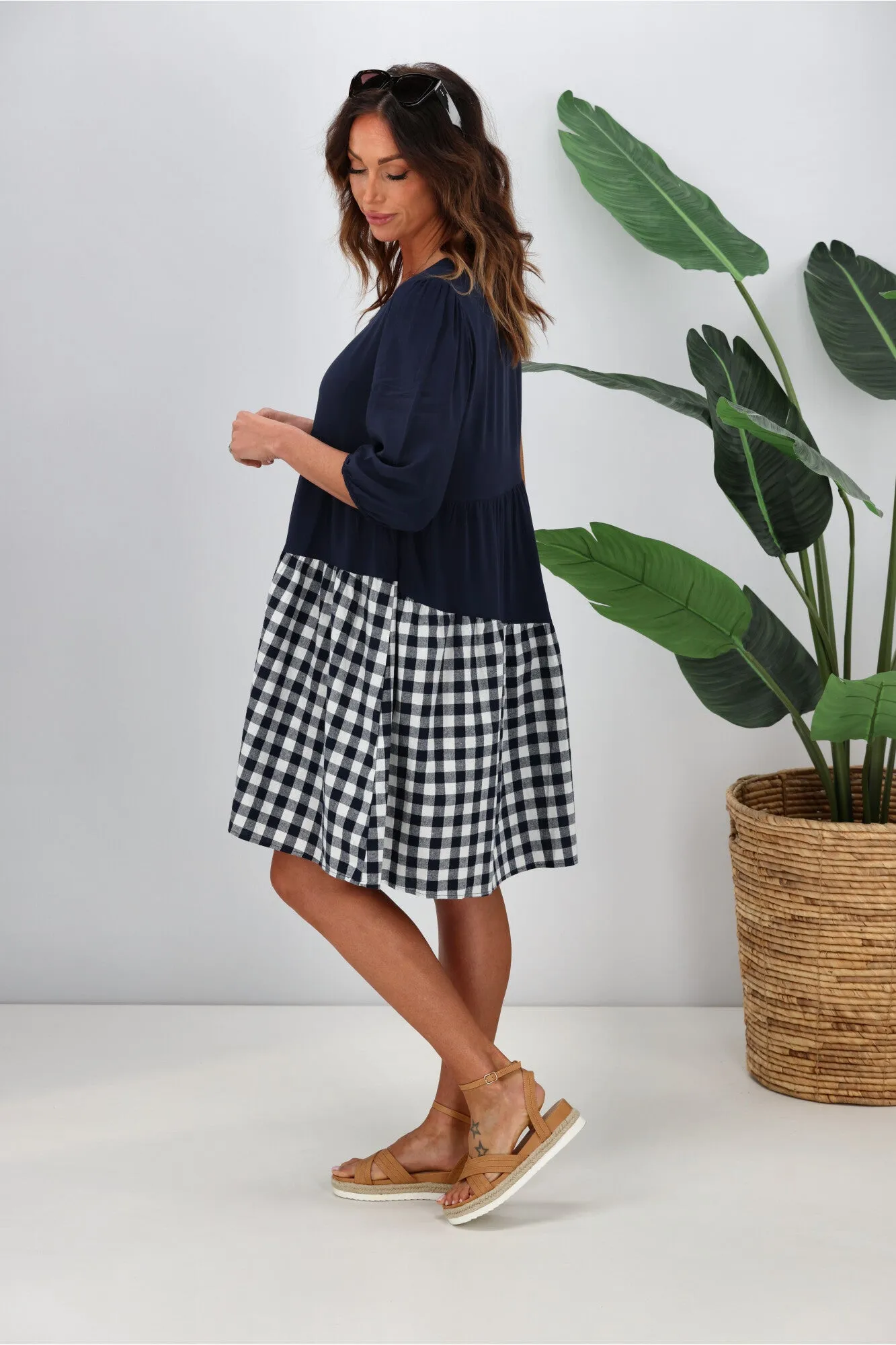 Silver Wishes Gingham Contrast Angle Tiered Dress  Navy