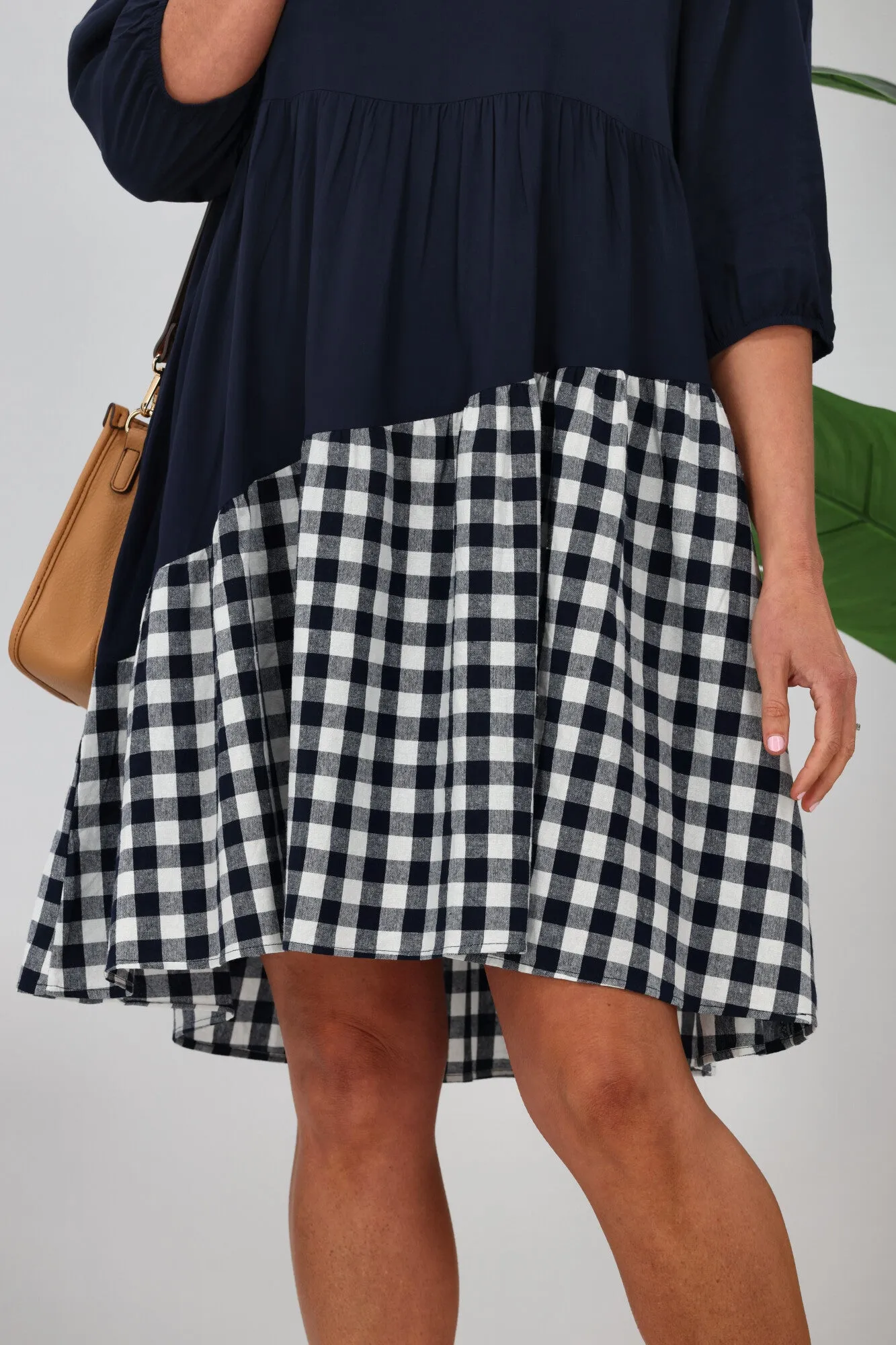 Silver Wishes Gingham Contrast Angle Tiered Dress  Navy