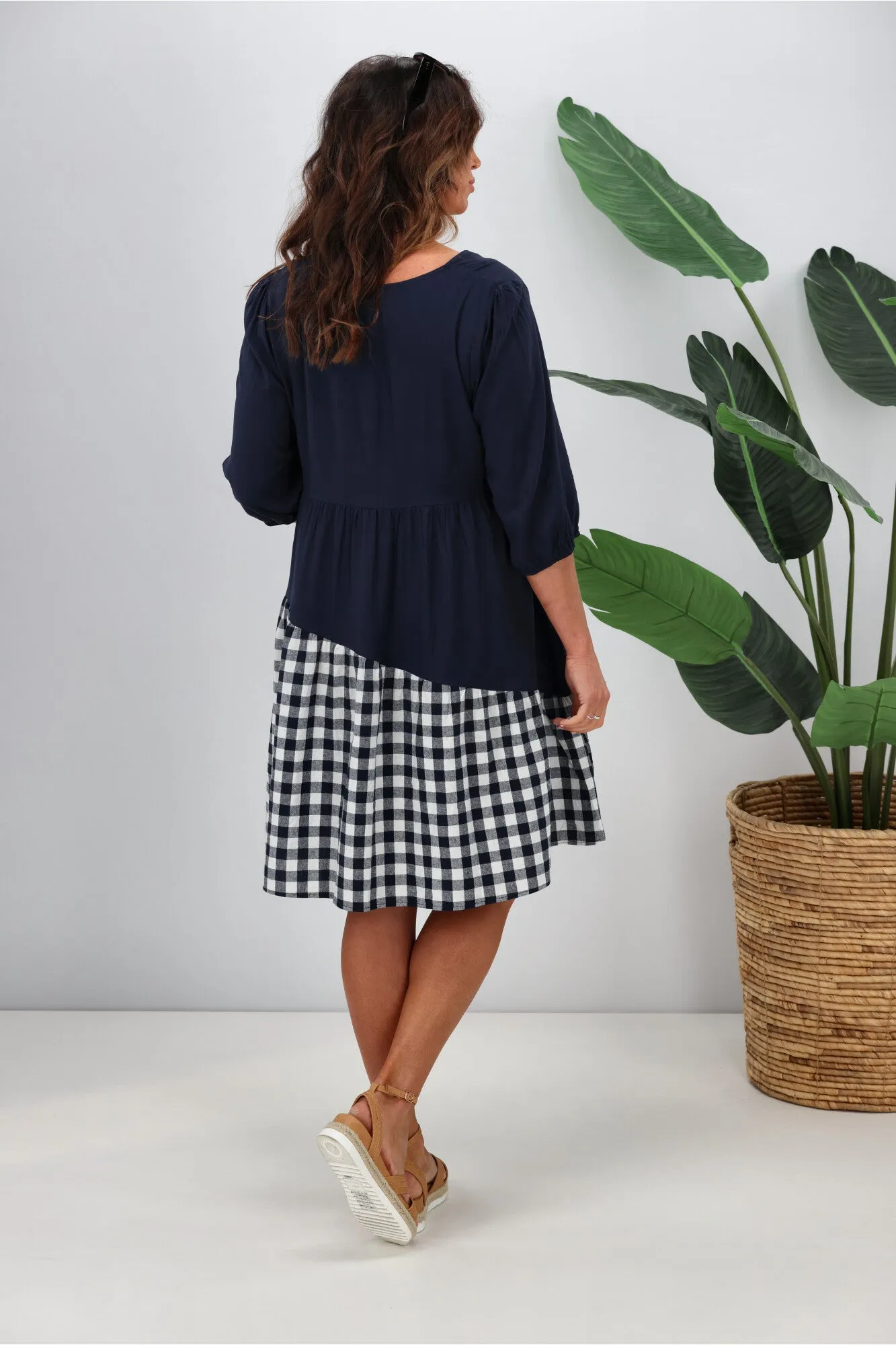 Silver Wishes Gingham Contrast Angle Tiered Dress  Navy