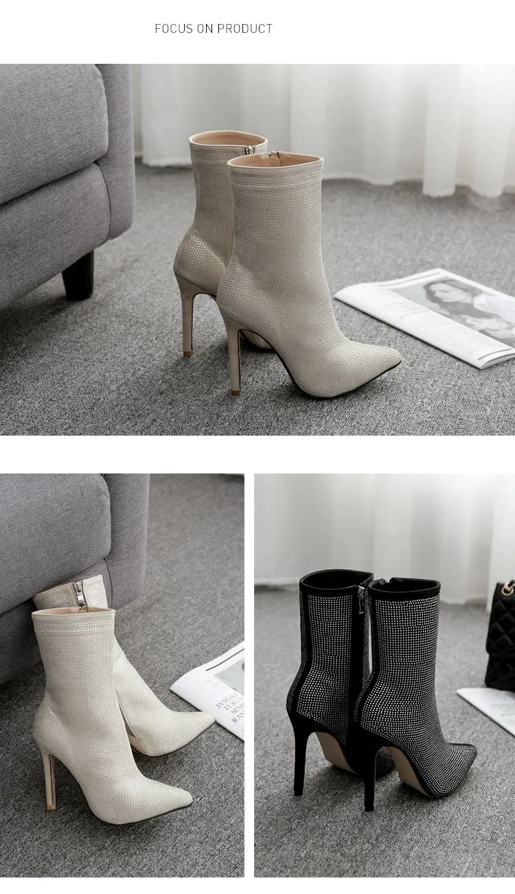 Trendy Sexy Women's Zipper High Heeled Boot With Rhinestones