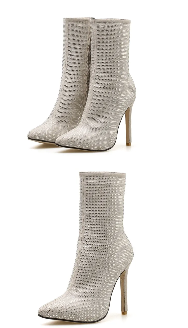 Trendy Sexy Women's Zipper High Heeled Boot With Rhinestones