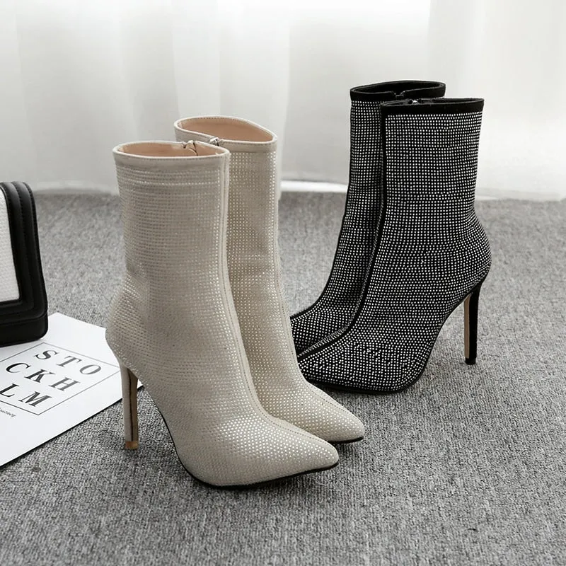 Trendy Sexy Women's Zipper High Heeled Boot With Rhinestones