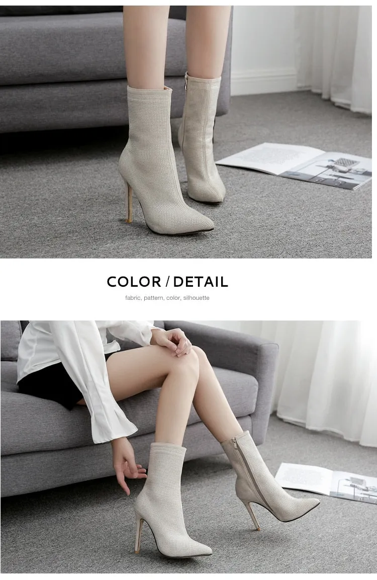 Trendy Sexy Women's Zipper High Heeled Boot With Rhinestones