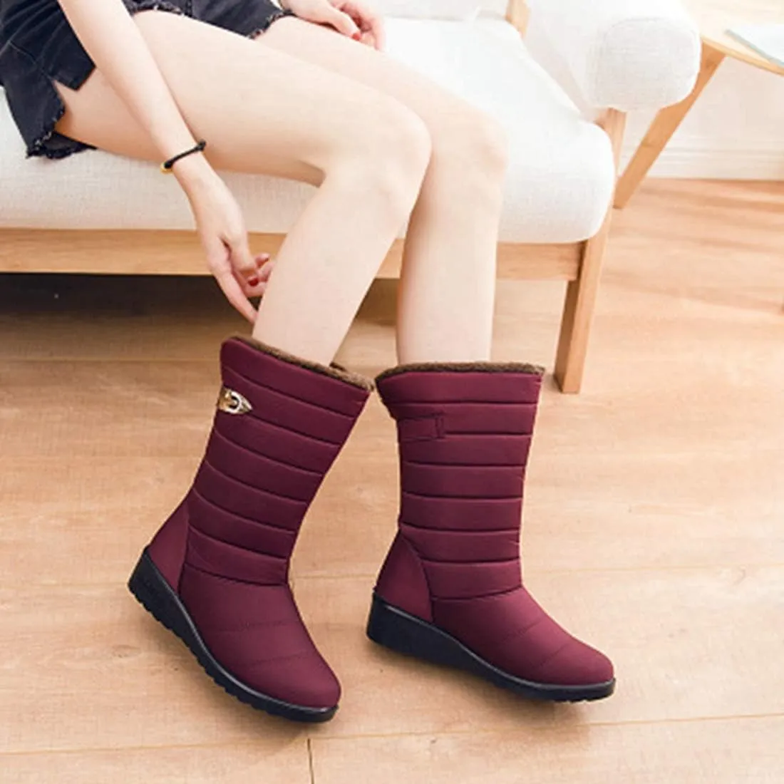 VOKLIN Women's Winter Mid Wide Calf Snow Boots Waterproof Rain Slip On Lightweight Warm Fur Cold Weather Boot