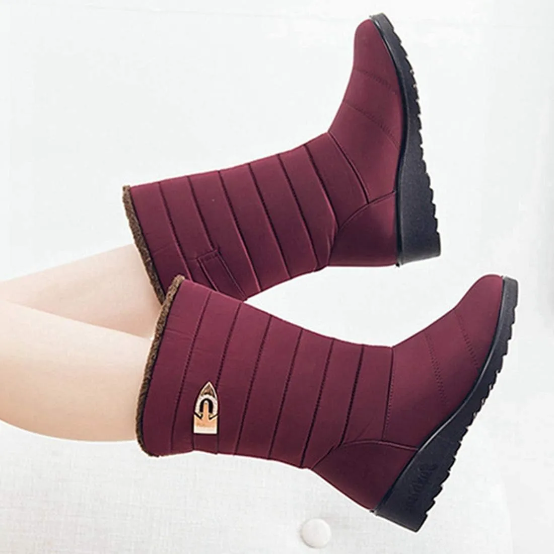 VOKLIN Women's Winter Mid Wide Calf Snow Boots Waterproof Rain Slip On Lightweight Warm Fur Cold Weather Boot