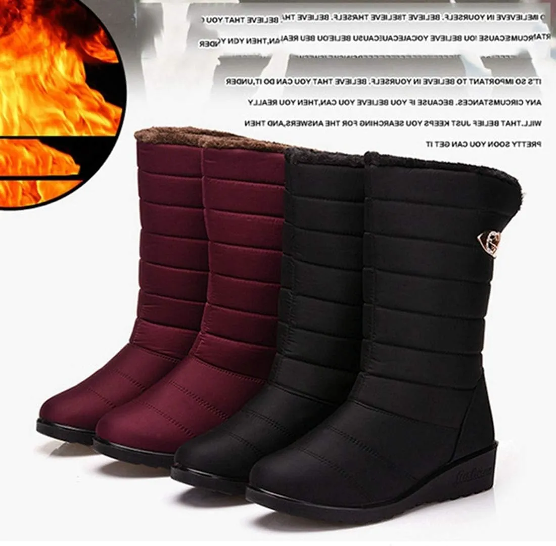 VOKLIN Women's Winter Mid Wide Calf Snow Boots Waterproof Rain Slip On Lightweight Warm Fur Cold Weather Boot